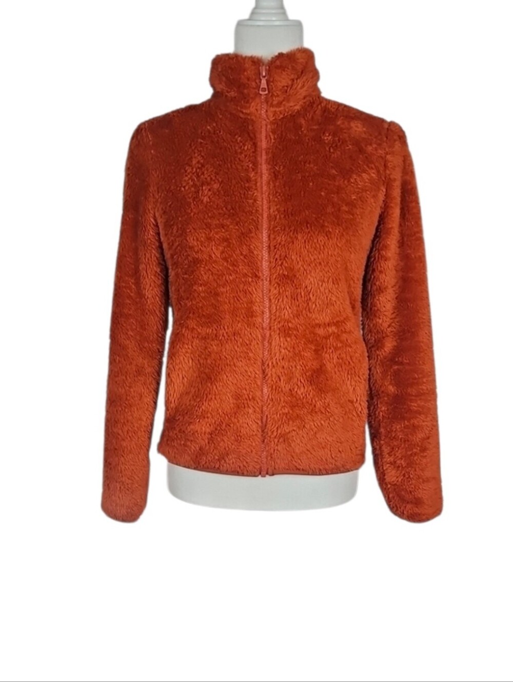 Warm Fuzzy Fleece Rust Terracotta Orange Zip Sweater Jacket Fall Autumn Cozy, XS - Picture 2 of 8